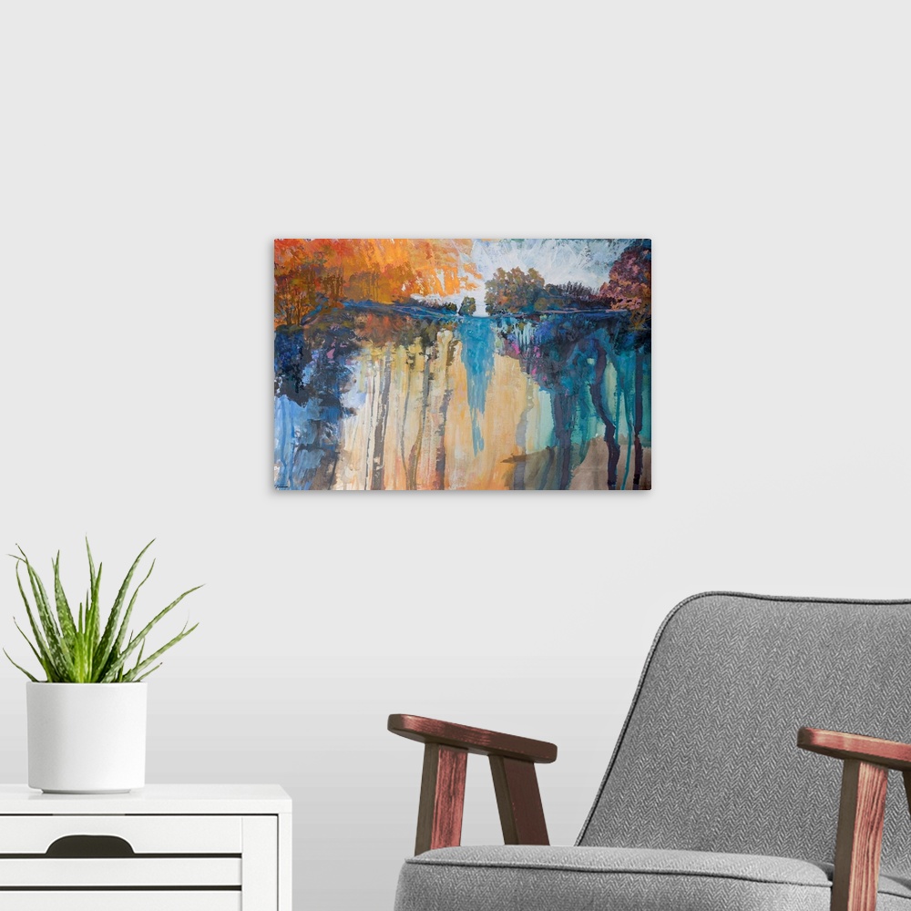 A modern room featuring Abstract landscape painting with vibrant dripping hues forming a lake surrounded by trees.