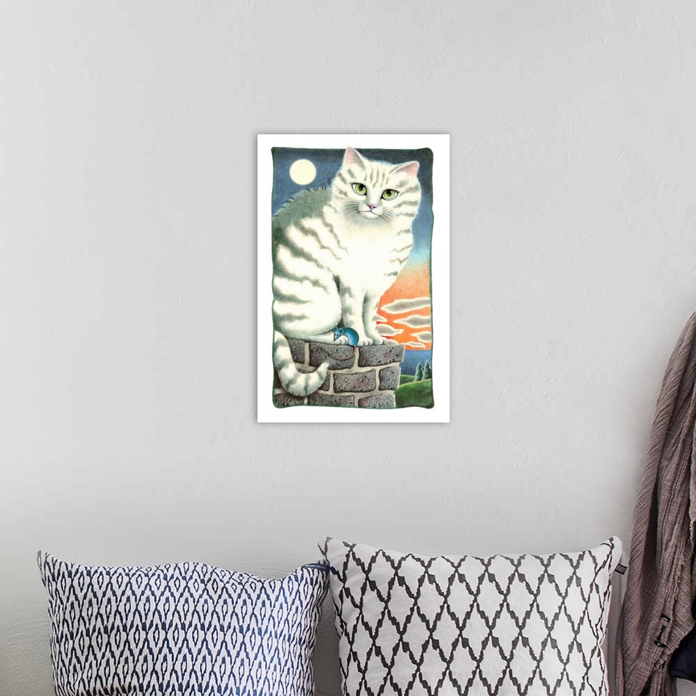A bohemian room featuring Painting of a grey and white striped cat and a blue mouse on a brick wall with a full moon in the...