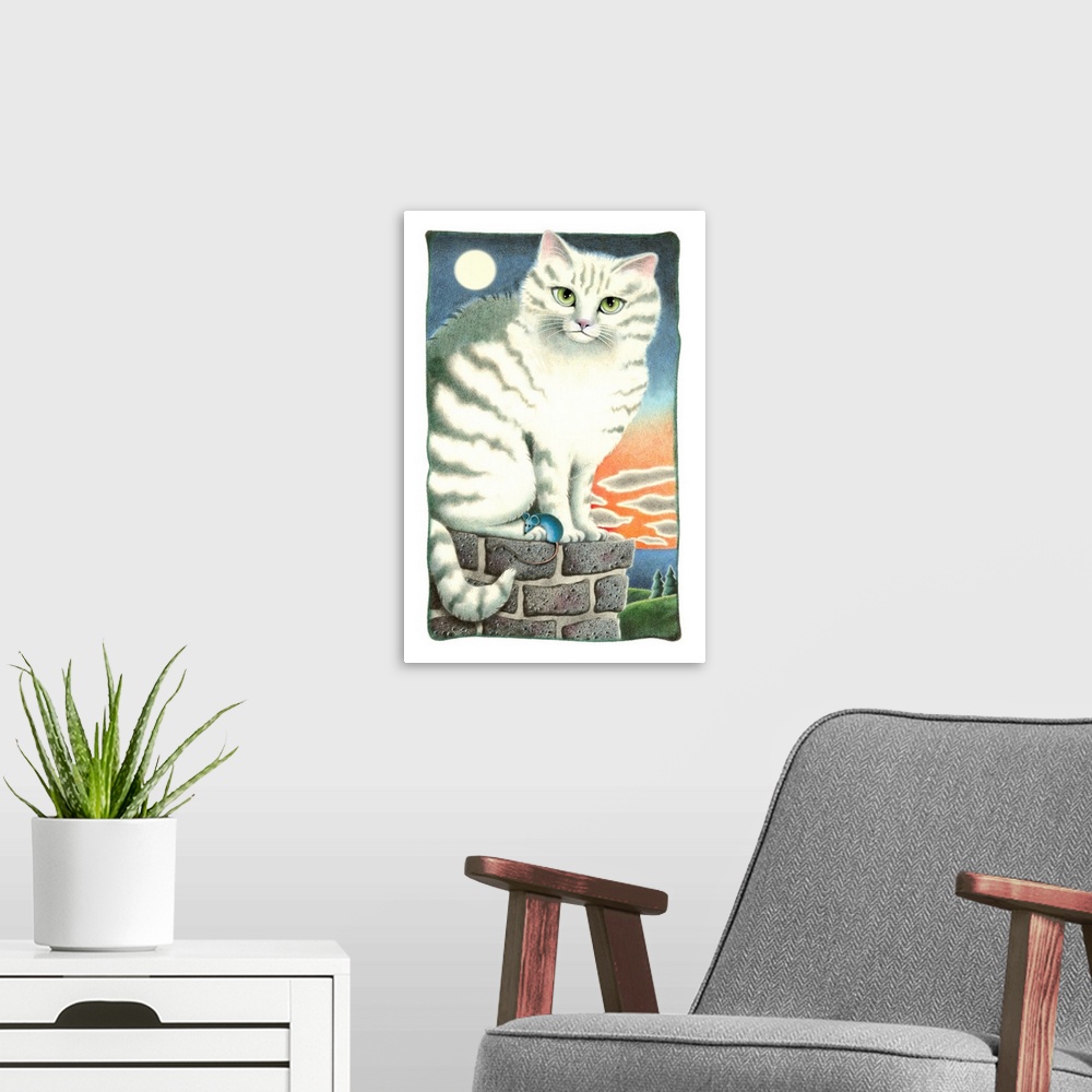 A modern room featuring Painting of a grey and white striped cat and a blue mouse on a brick wall with a full moon in the...