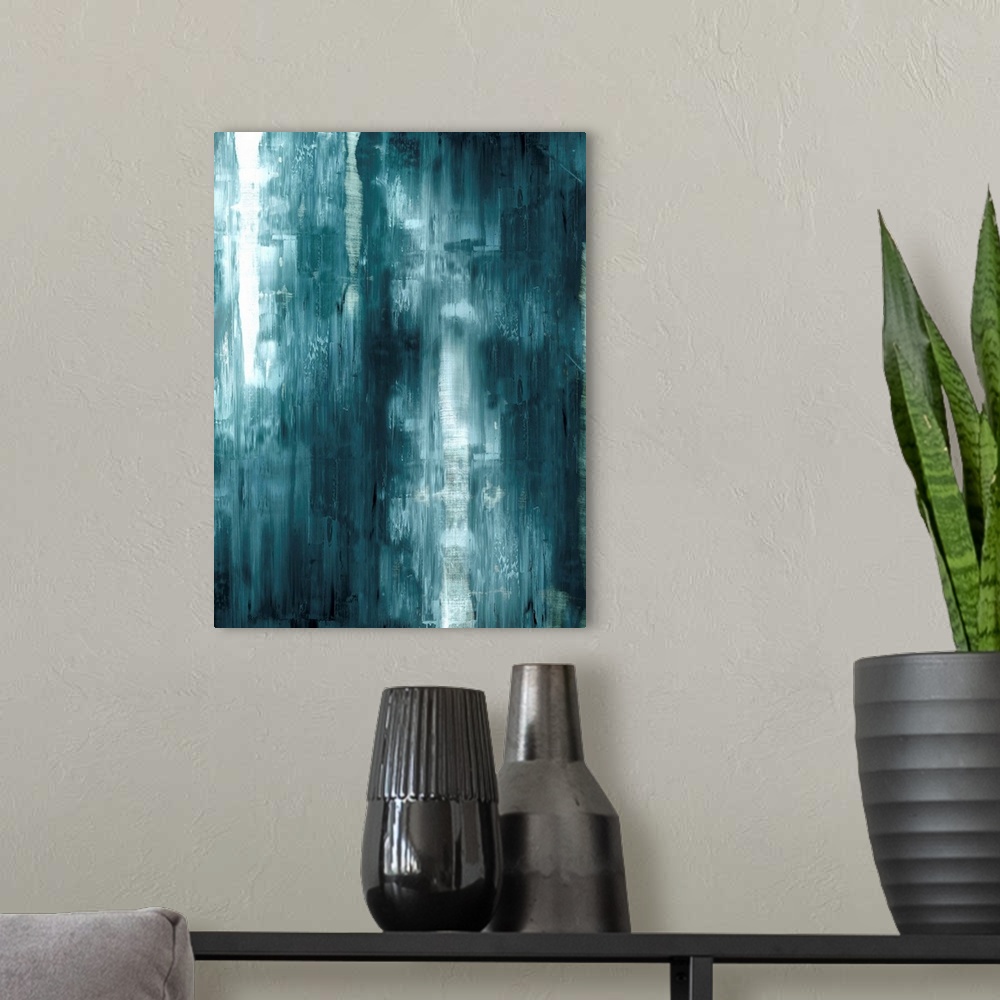 A modern room featuring Vertical abstract painting with dark teal hues mixed in with white streaking down the canvas.
