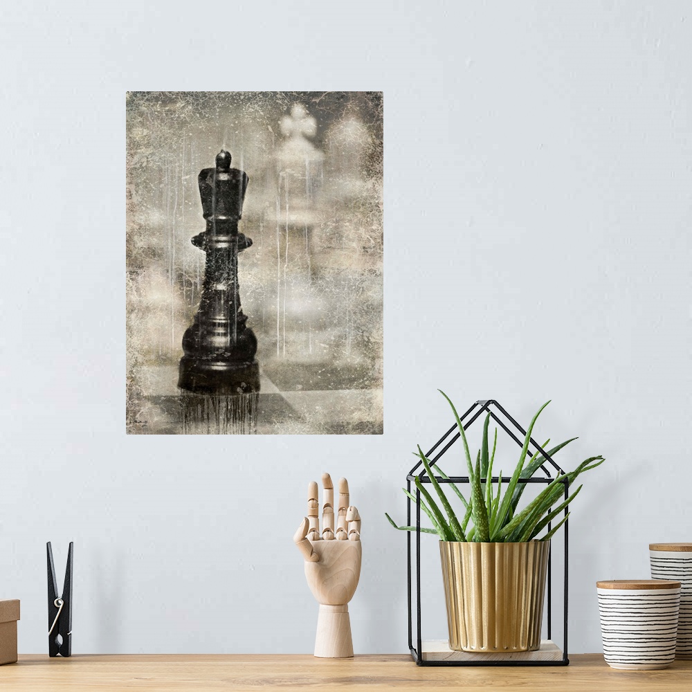 A bohemian room featuring Antique aged decor of chess pieces on a chess board.