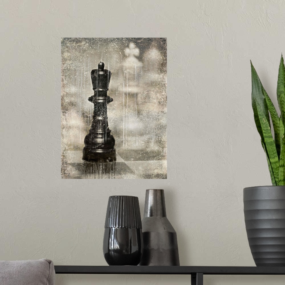 A modern room featuring Antique aged decor of chess pieces on a chess board.