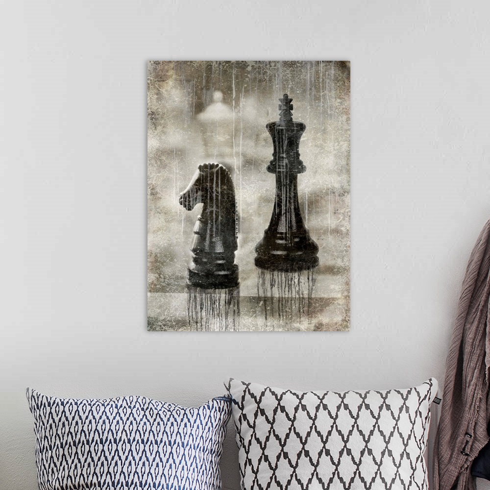 A bohemian room featuring Antique aged decor of chess pieces on a chess board.