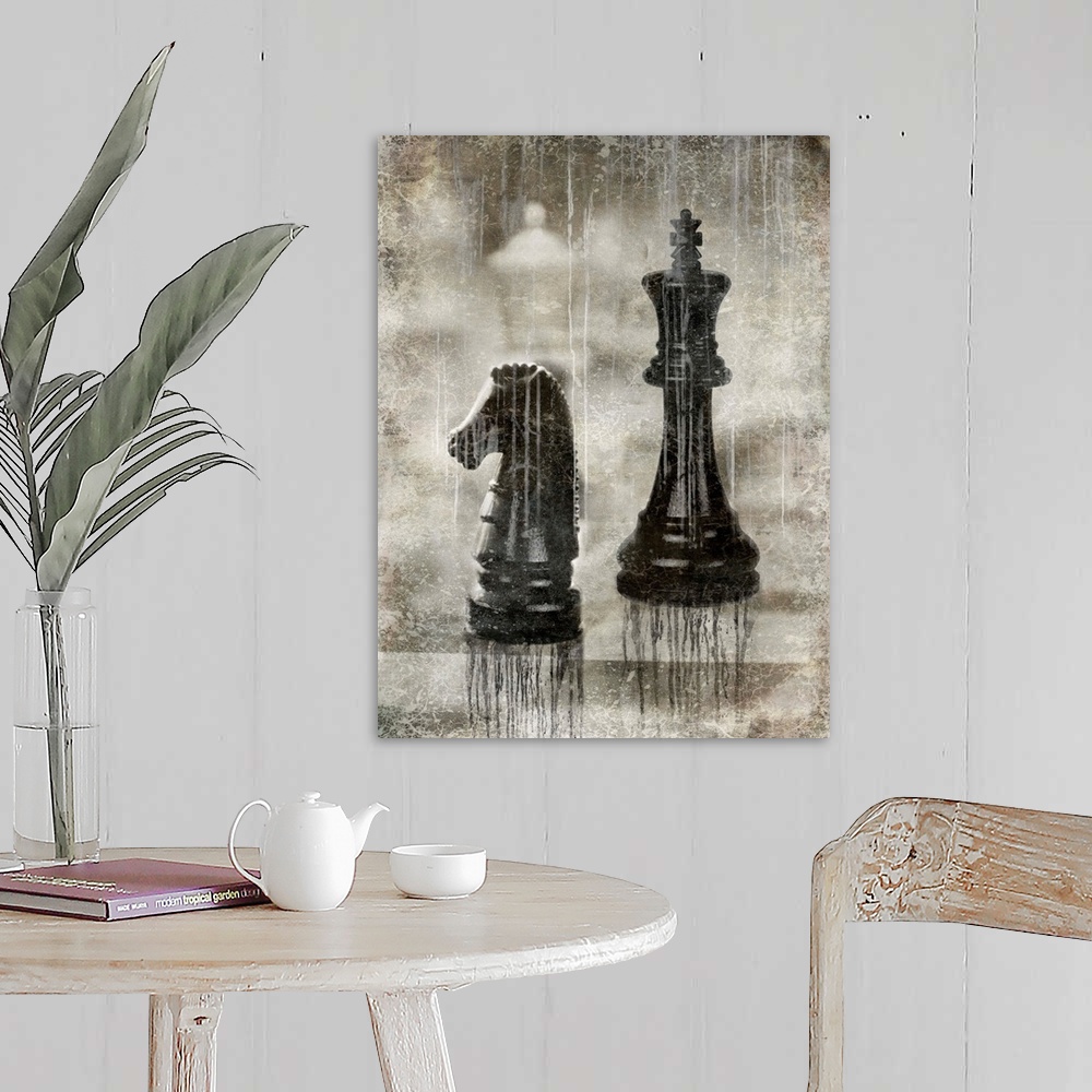 A farmhouse room featuring Antique aged decor of chess pieces on a chess board.