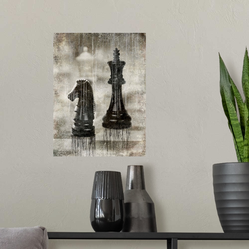 A modern room featuring Antique aged decor of chess pieces on a chess board.