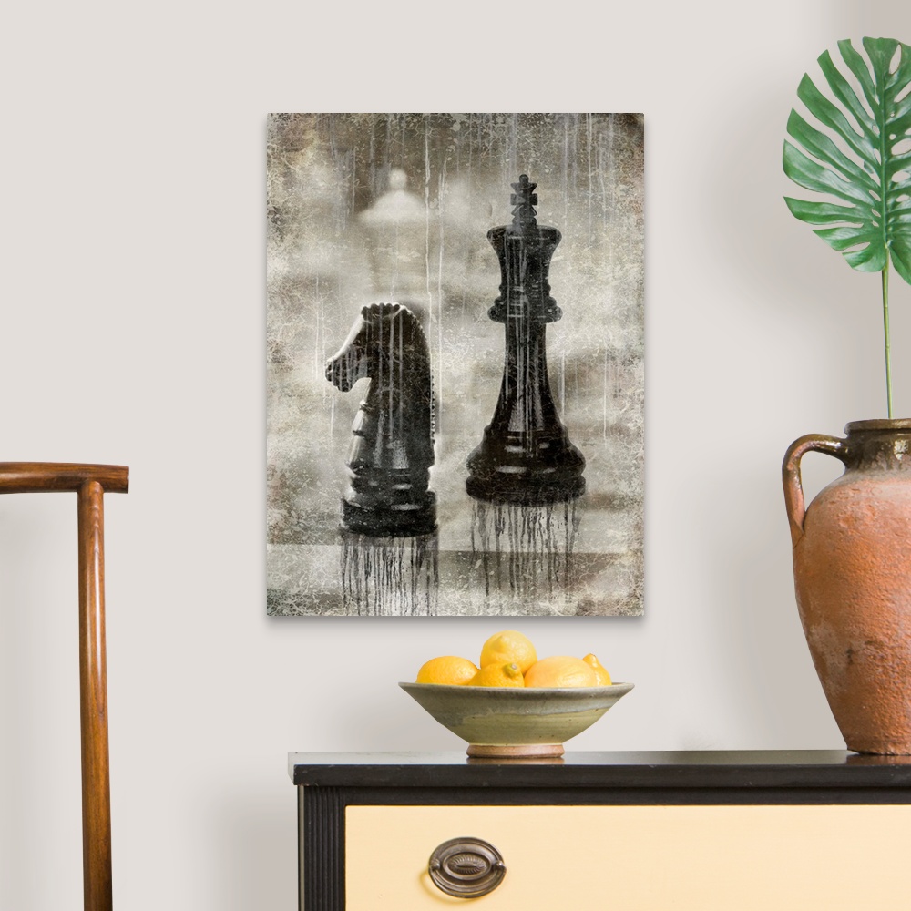 A traditional room featuring Antique aged decor of chess pieces on a chess board.