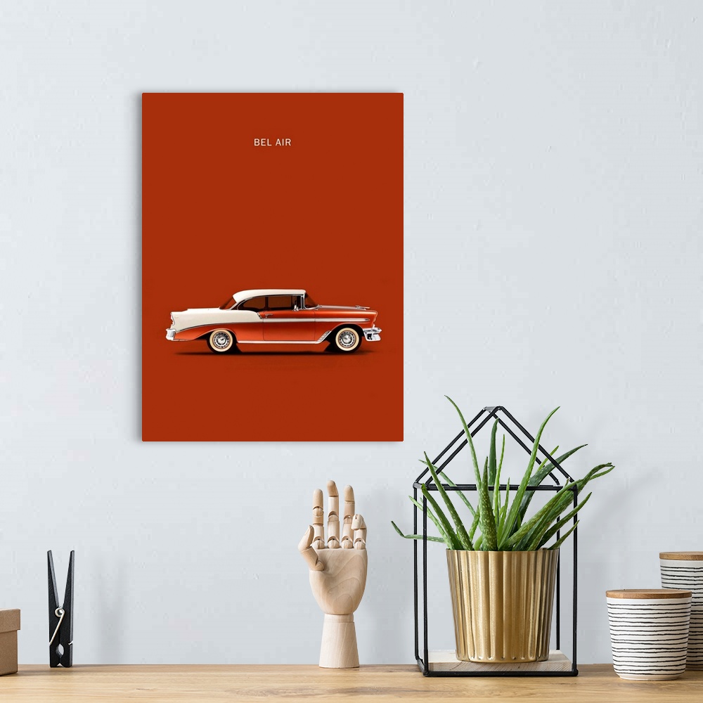 A bohemian room featuring Photograph of a rust orange and white Chev Belair 56 printed on a rust orange background