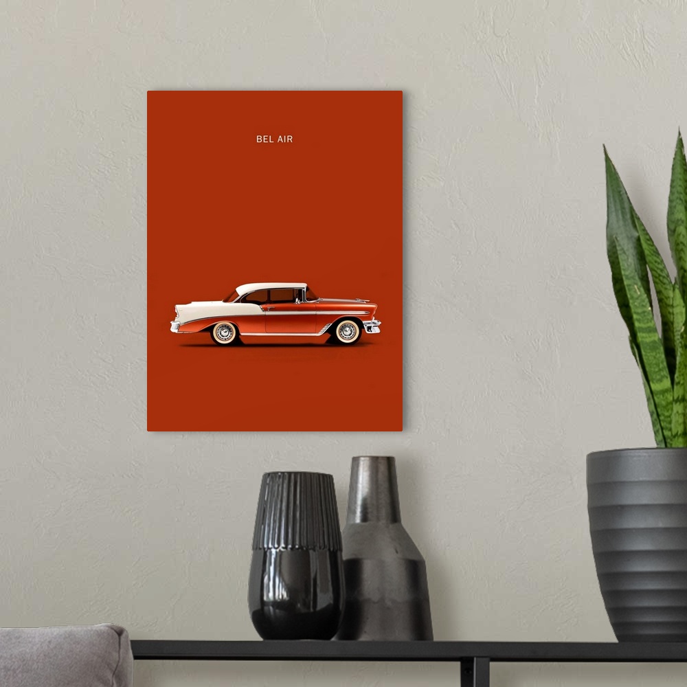 A modern room featuring Photograph of a rust orange and white Chev Belair 56 printed on a rust orange background