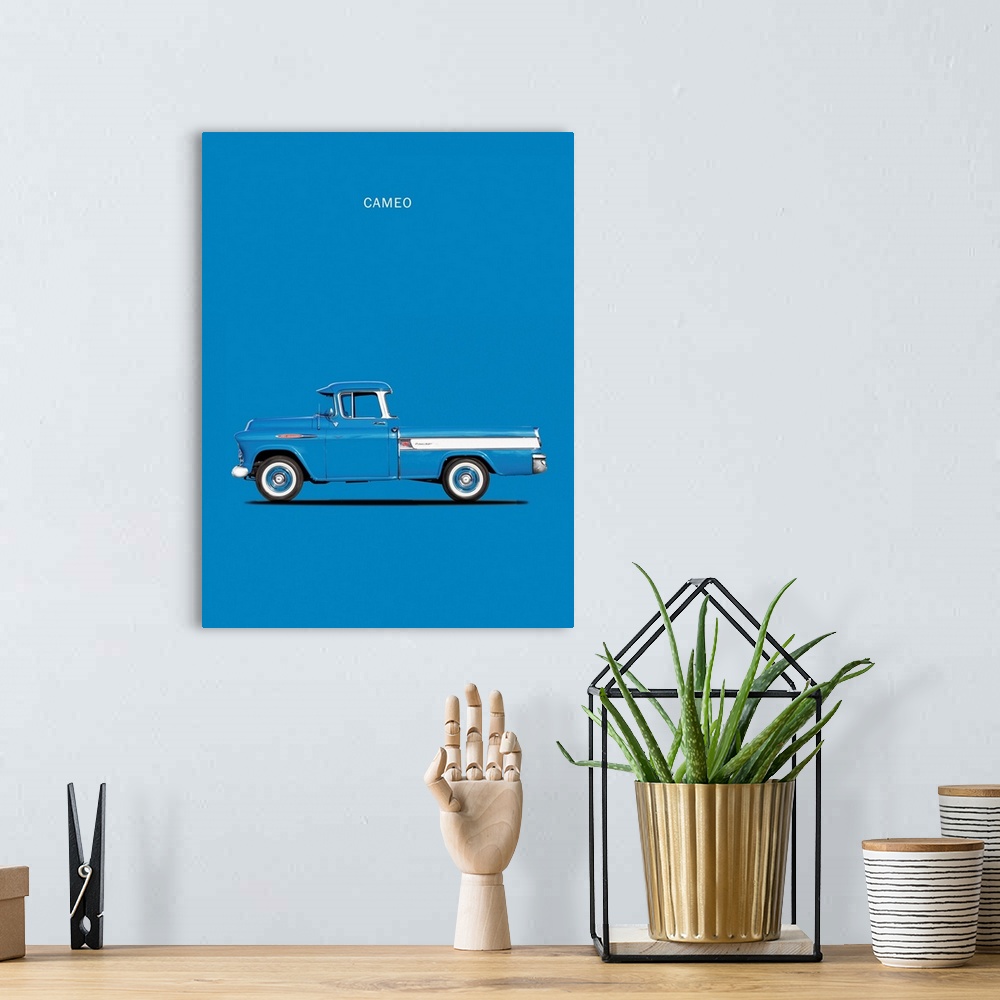 A bohemian room featuring Photograph of a blue and white Chevrolet Cameo Pickup 1957 Bl printed on a blue background