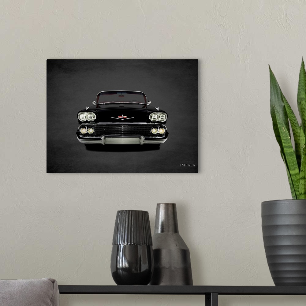 A modern room featuring Photograph of a black 1958 Chevrolet Impala printed on a black background with a dark vignette.