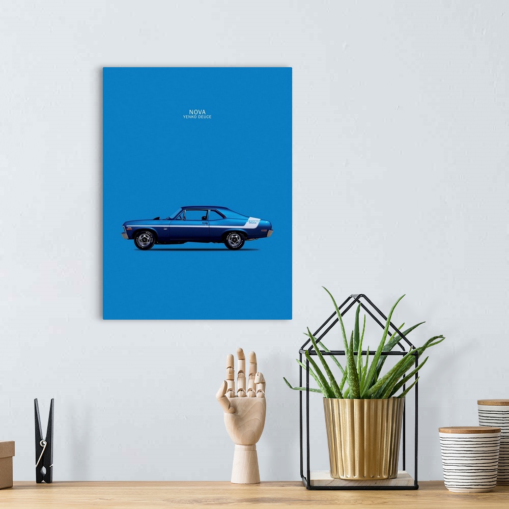 A bohemian room featuring Photograph of a blue Chevy Nova 350 Yenko Deuce 70 printed on a blue background