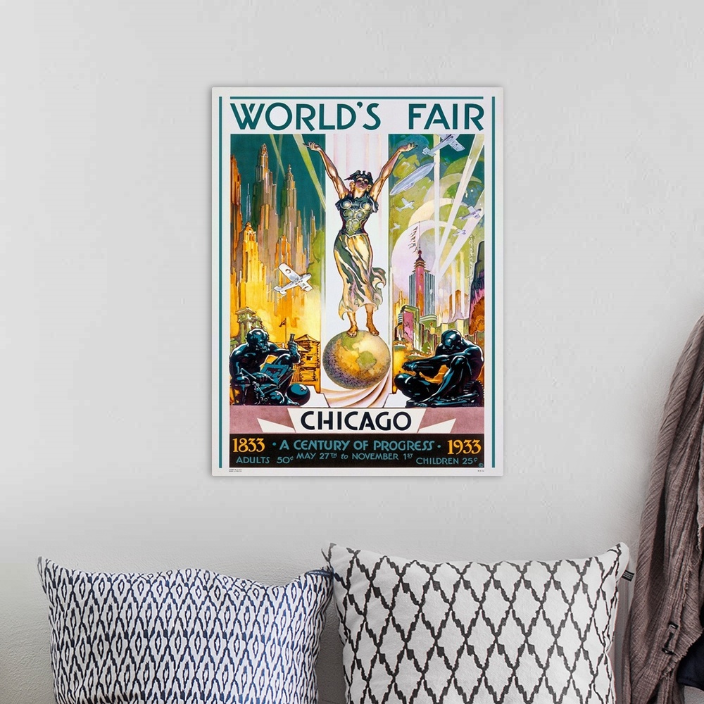 A bohemian room featuring Vintage advertisement of Chicago Worlds Fair, 1933.