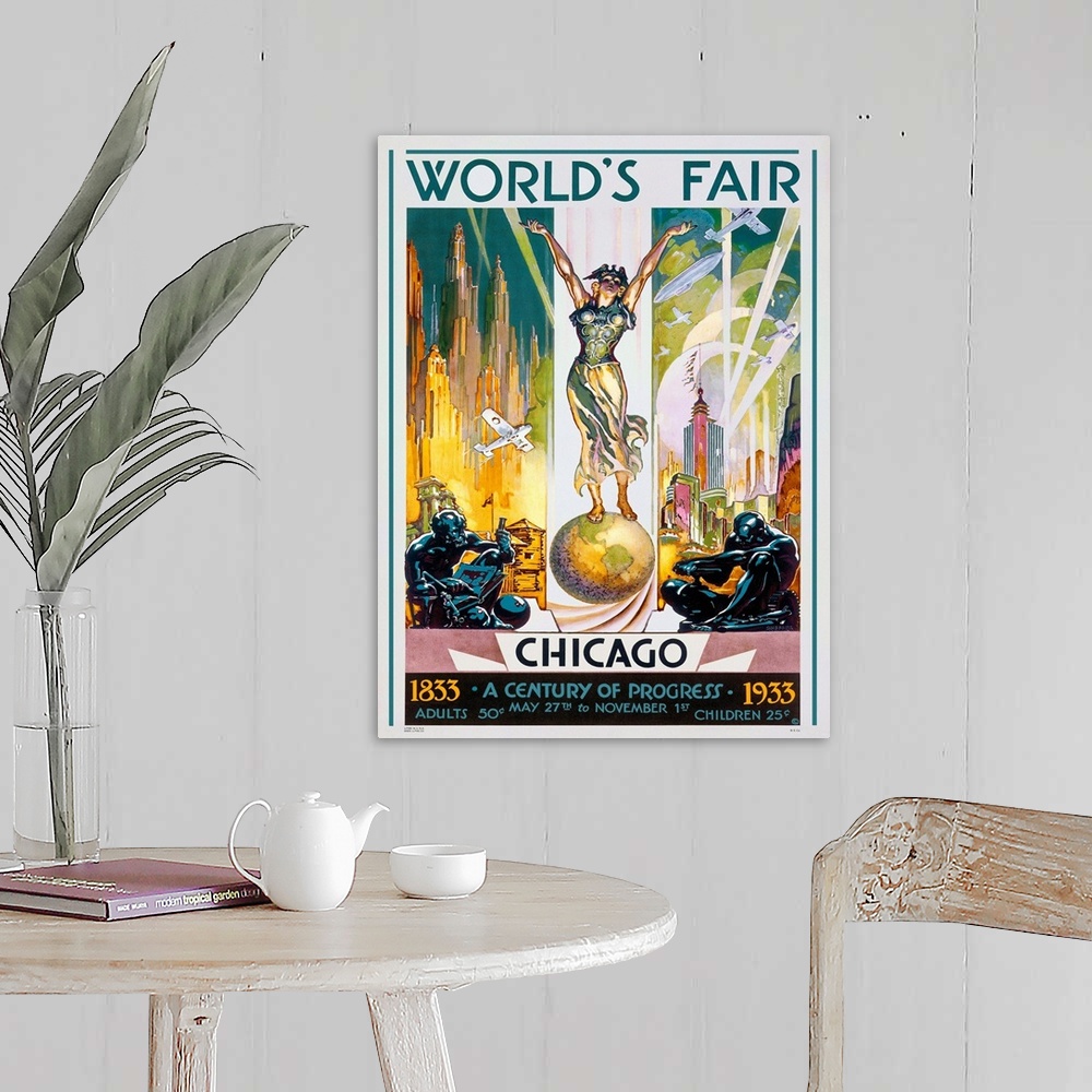 A farmhouse room featuring Vintage advertisement of Chicago Worlds Fair, 1933.