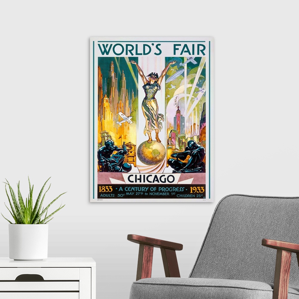 A modern room featuring Vintage advertisement of Chicago Worlds Fair, 1933.