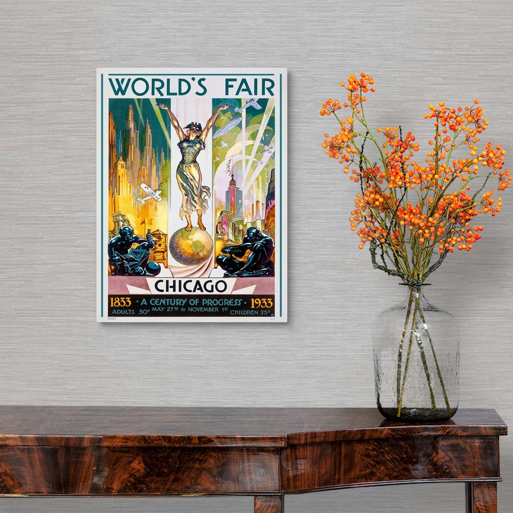 A traditional room featuring Vintage advertisement of Chicago Worlds Fair, 1933.
