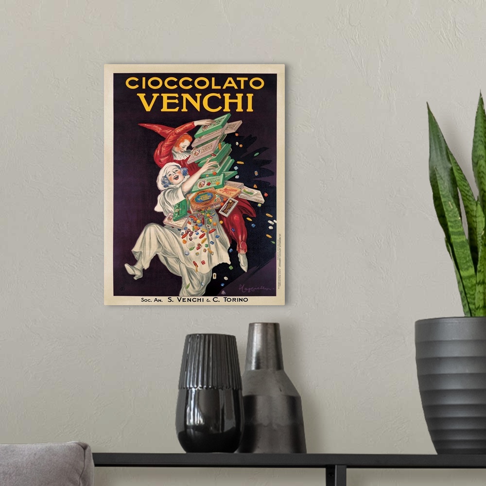 A modern room featuring Vintage advertisement of clowns for Venchi, an Italian gourmet chocolate manufacturer.