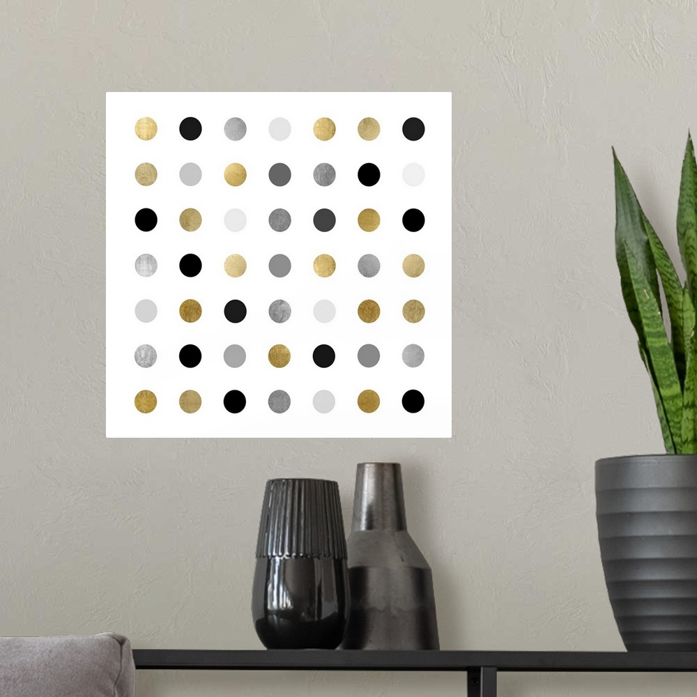 A modern room featuring Seamless polka dots pattern. Large black dots on a white background.