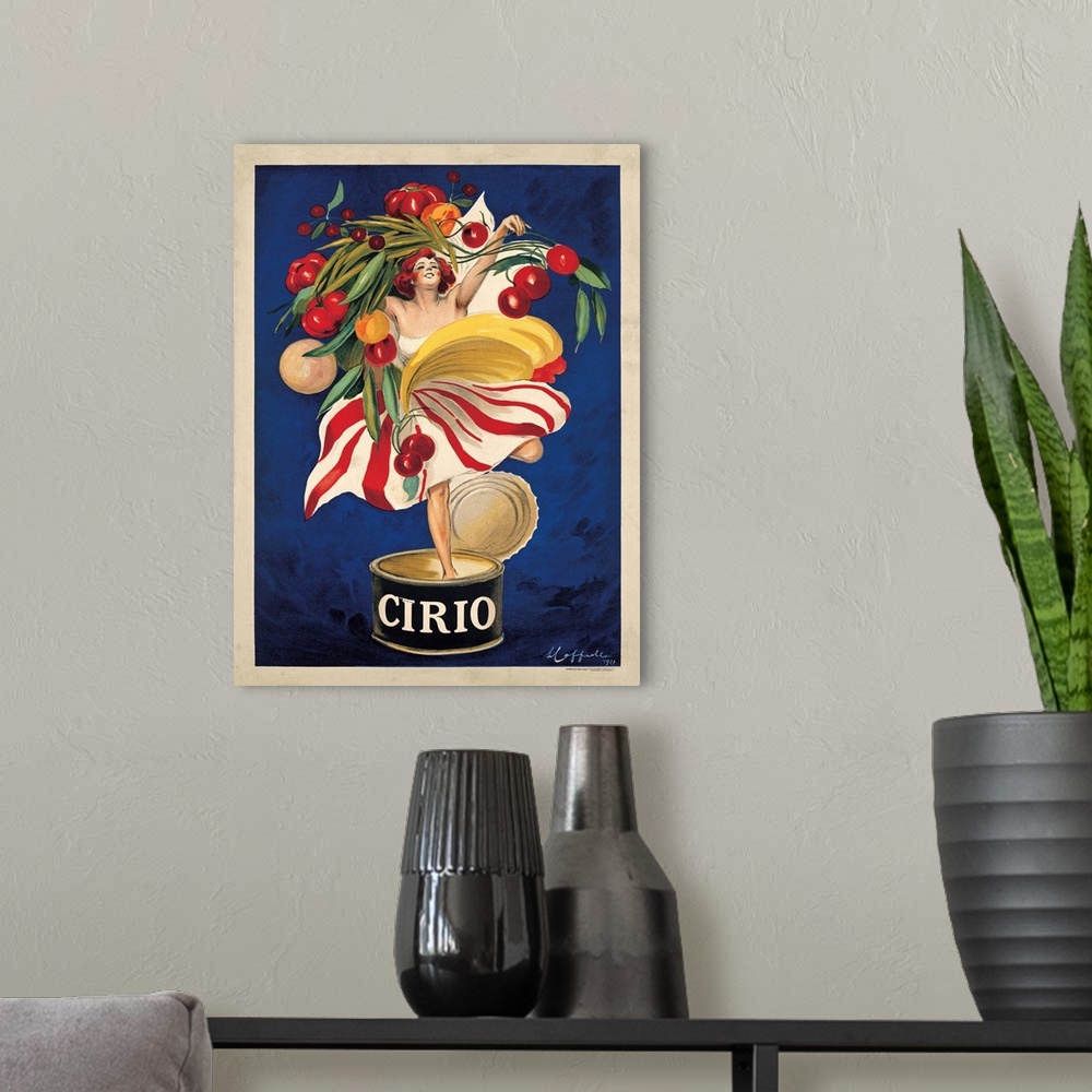 A modern room featuring Vintage advertisement for Cirio Italian food company.