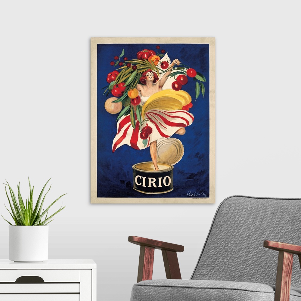 A modern room featuring Vintage advertisement for Cirio Italian food company.