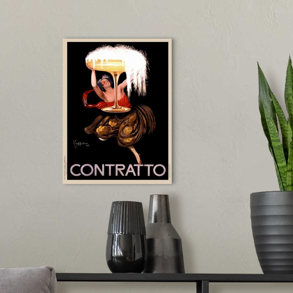 A modern room featuring Vintage advertisement poster with a woman holding a giant glass of champagne.