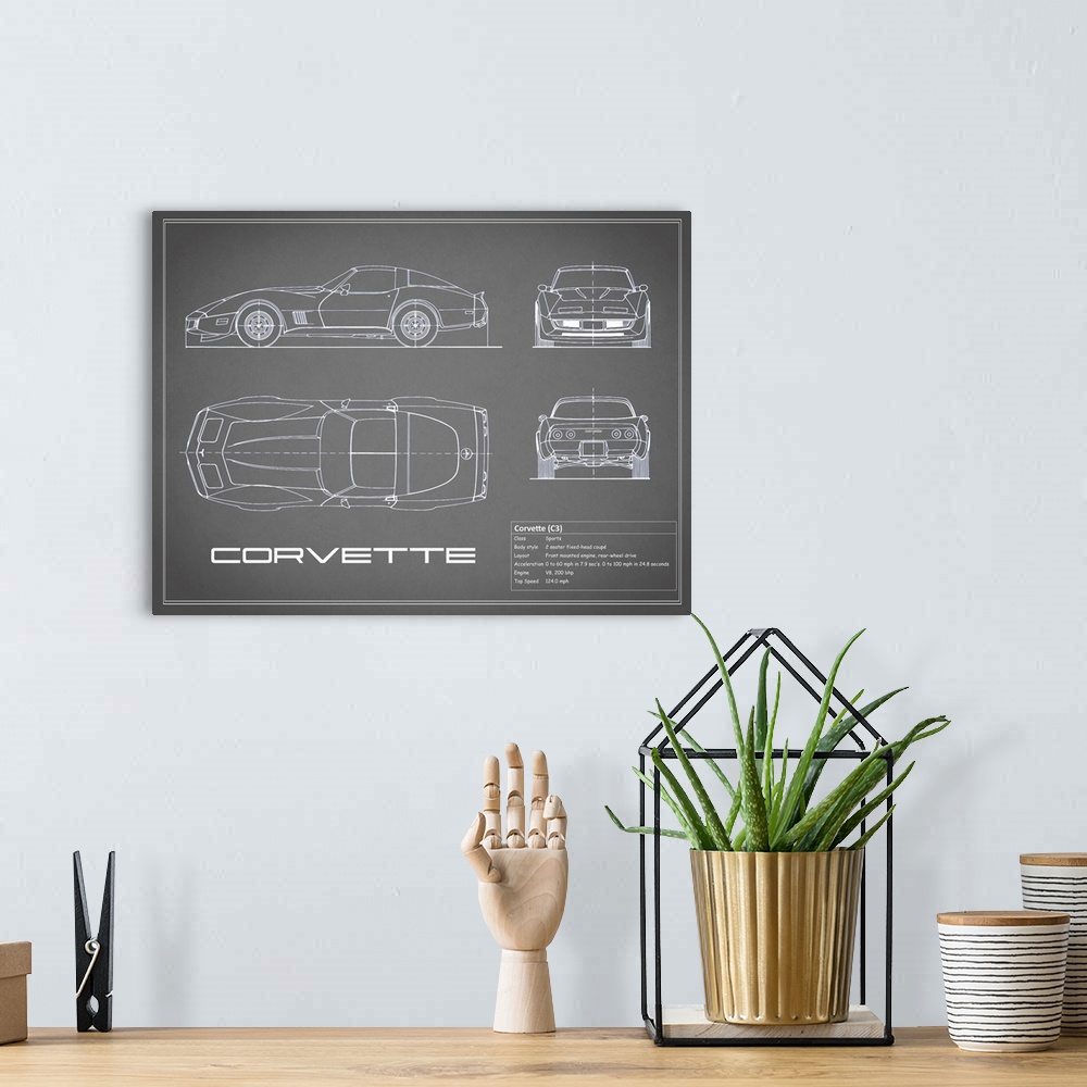 A bohemian room featuring Antique style blueprint diagram of a Corvette C3 printed on a Grey background.