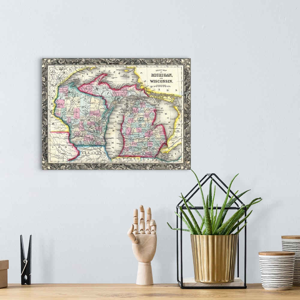 A bohemian room featuring Map sectioning out the different counties in Michigan and Wisconsin.