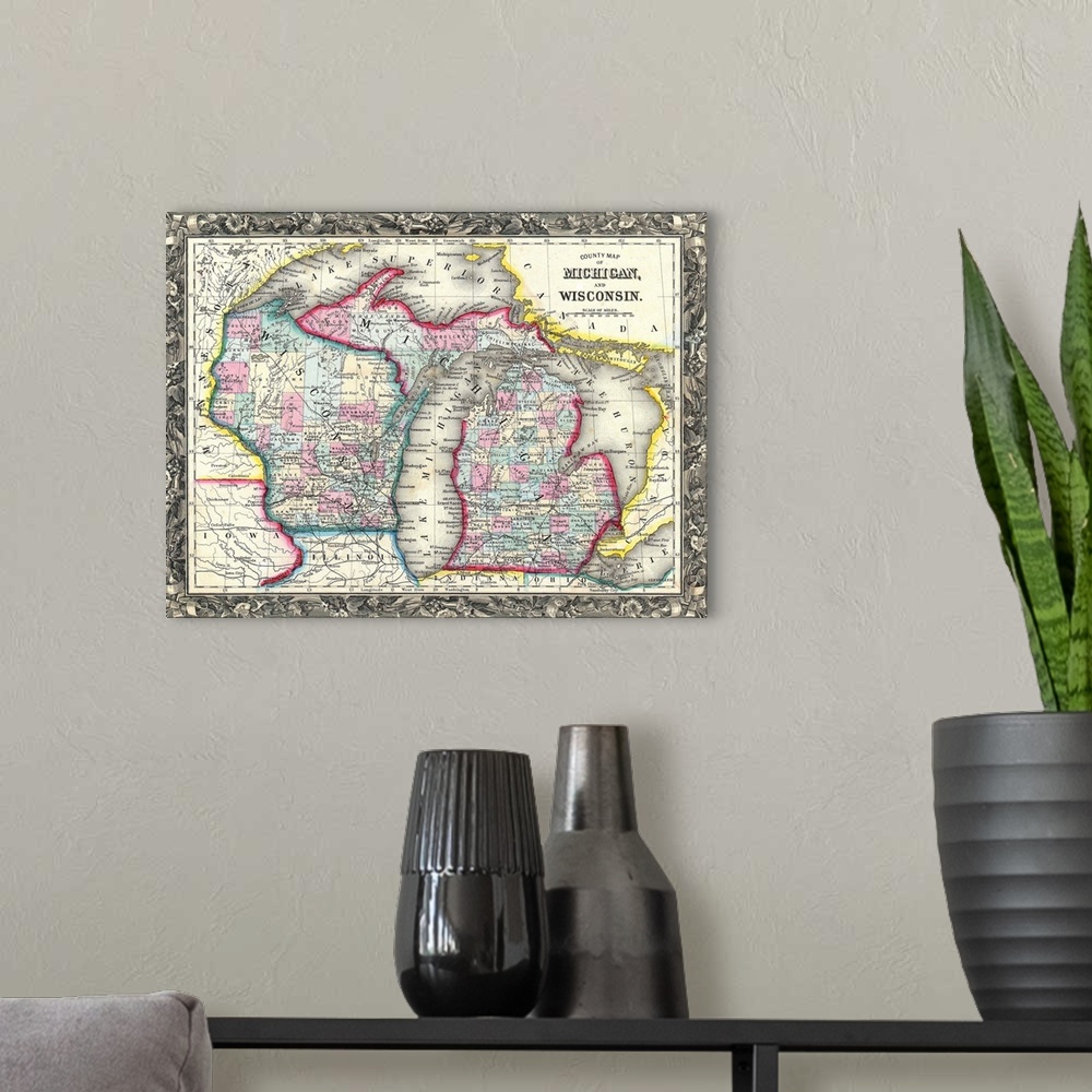 A modern room featuring Map sectioning out the different counties in Michigan and Wisconsin.