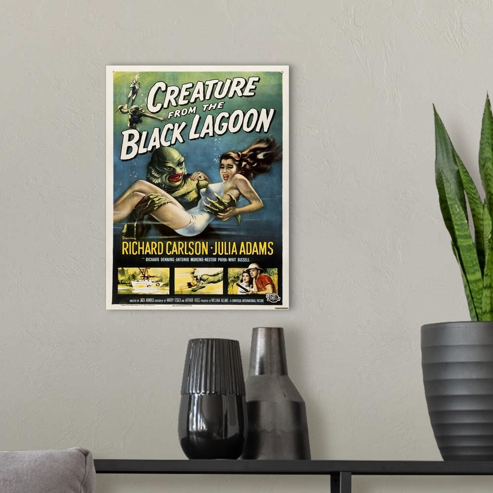 A modern room featuring Vintage movie poster for "Creature From The Black Lagoon"