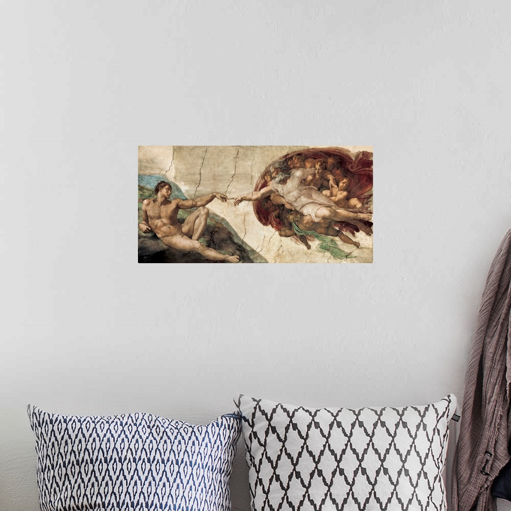 A bohemian room featuring The Creation of Adam (1512) is a fresco painting by Michelangelo.