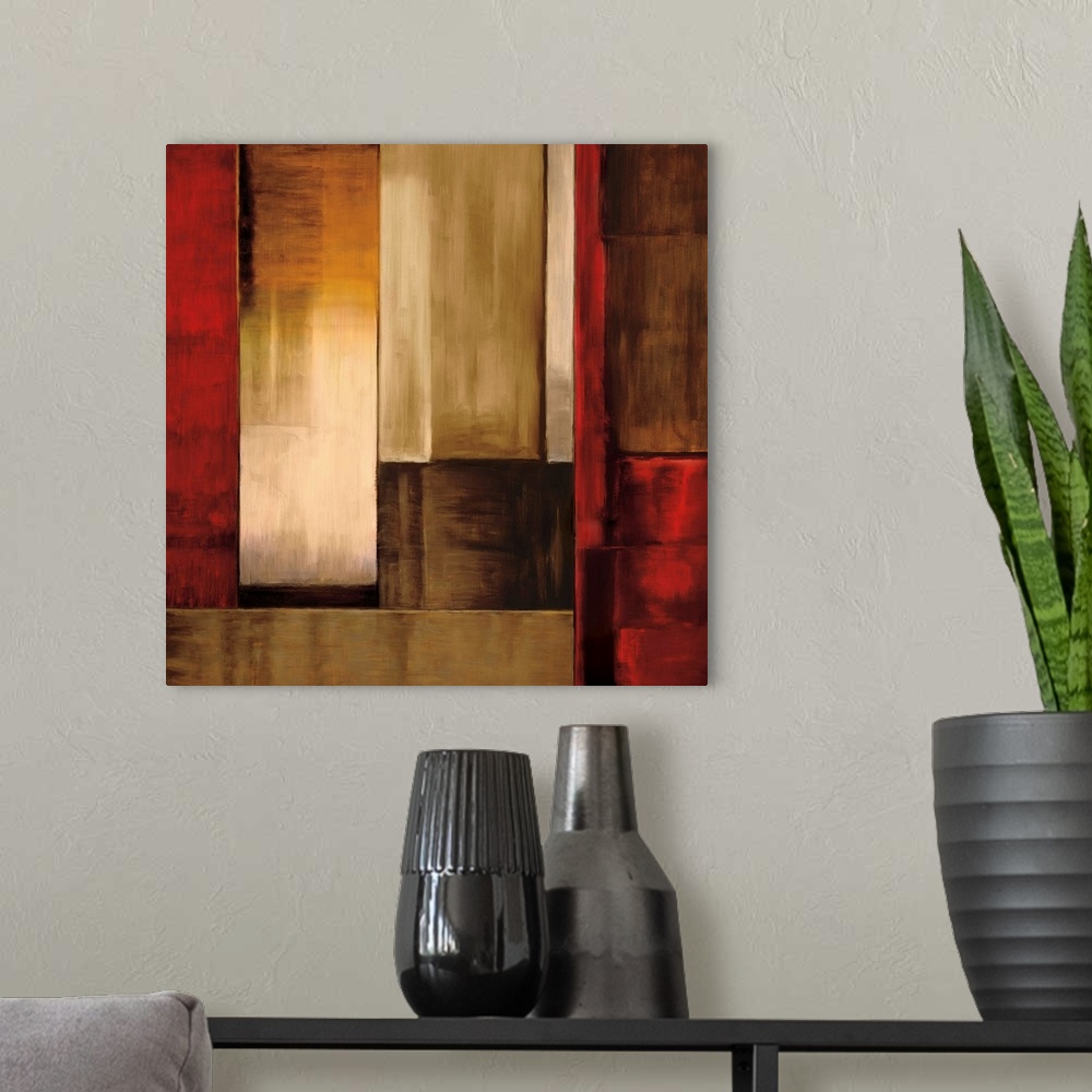 A modern room featuring Square abstract art created with rectangular shapes puzzled together in shades of red, orange, wh...