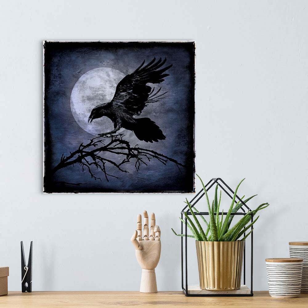A bohemian room featuring Square Halloween decor with a black crow landing on a tree branch with a full moon in the backgro...