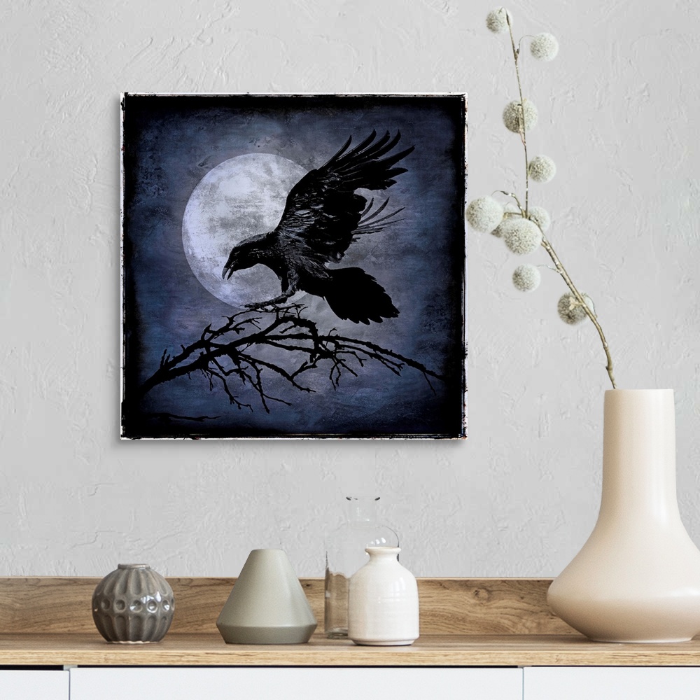A farmhouse room featuring Square Halloween decor with a black crow landing on a tree branch with a full moon in the backgro...