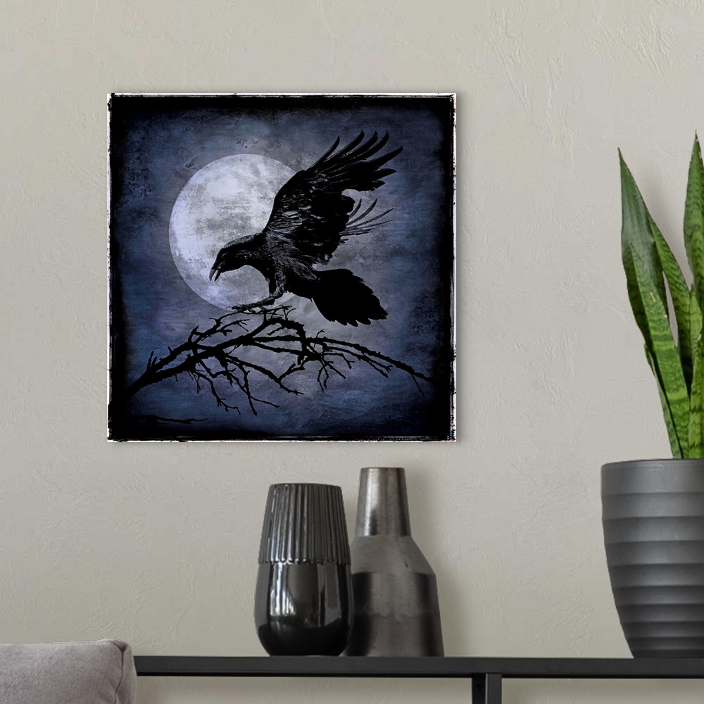A modern room featuring Square Halloween decor with a black crow landing on a tree branch with a full moon in the backgro...