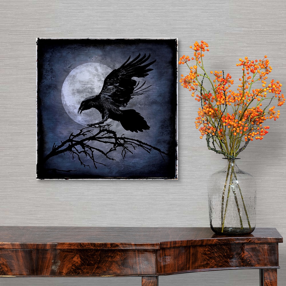 A traditional room featuring Square Halloween decor with a black crow landing on a tree branch with a full moon in the backgro...