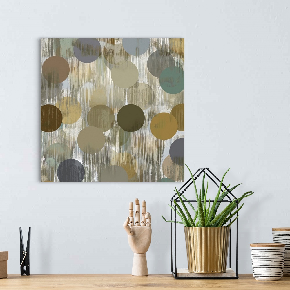 A bohemian room featuring Square abstract art with earth toned circles on a washed out white and gray background with verti...