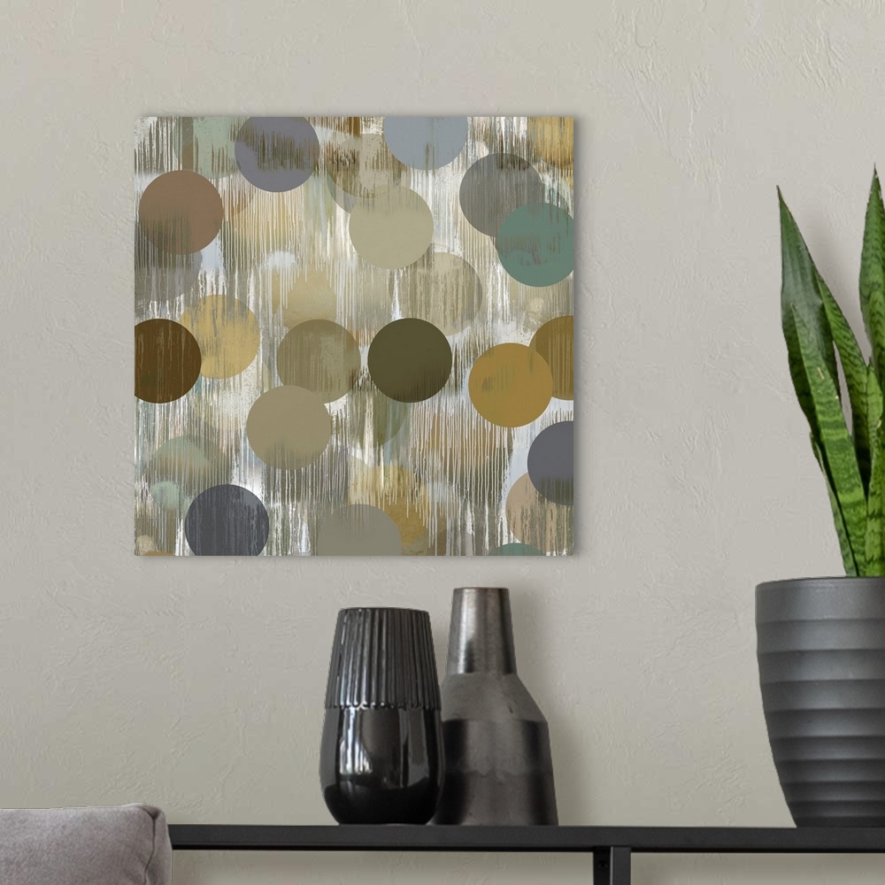 A modern room featuring Square abstract art with earth toned circles on a washed out white and gray background with verti...