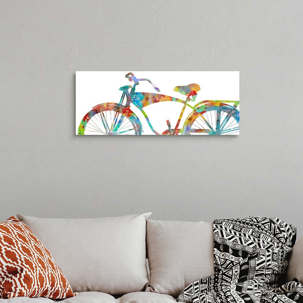 A bohemian room featuring Colorful silhouette of a bicycle on a white background.