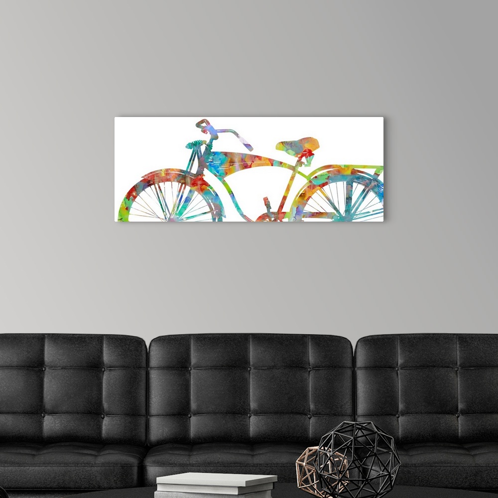 A modern room featuring Colorful silhouette of a bicycle on a white background.