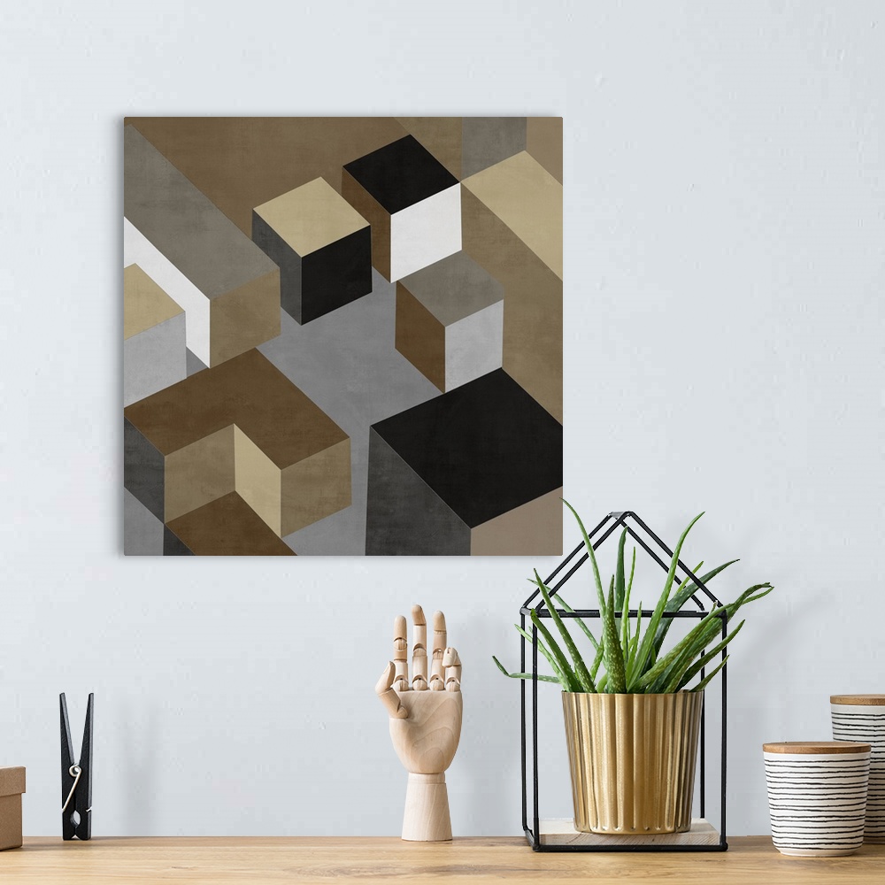 A bohemian room featuring Abstract square art created with black, white, gold, silver, and brown squares creating 3D lookin...