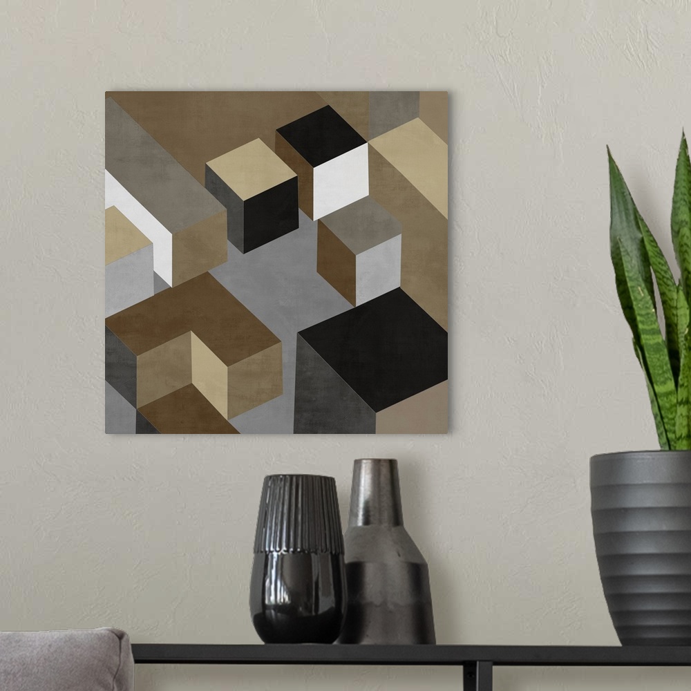 A modern room featuring Abstract square art created with black, white, gold, silver, and brown squares creating 3D lookin...