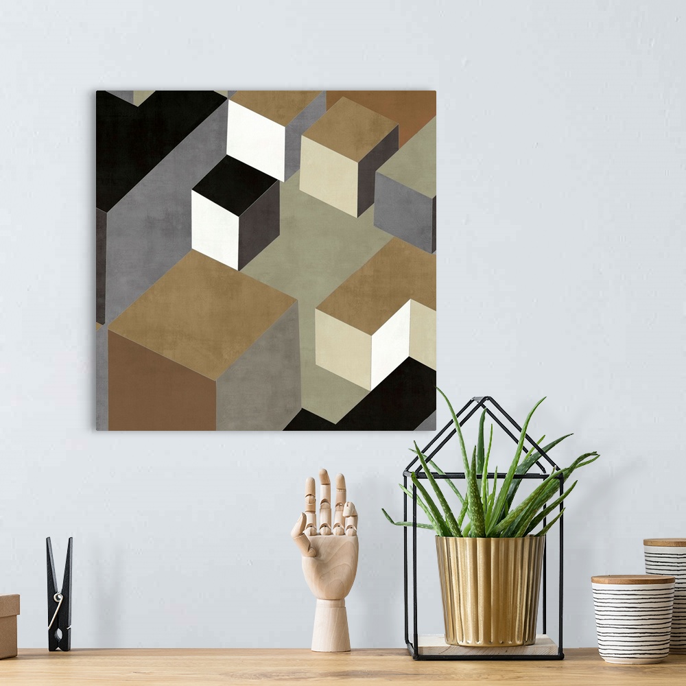 A bohemian room featuring Abstract square art created with black, white, gold, silver, and brown squares creating 3D lookin...