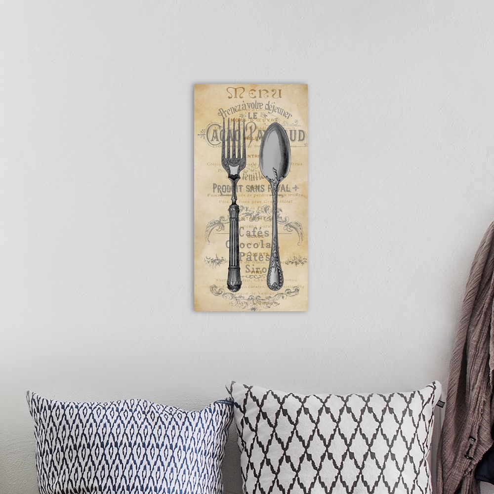 A bohemian room featuring Kitchen decor with an illustration of a spoon and fork in the foreground and text in the background.