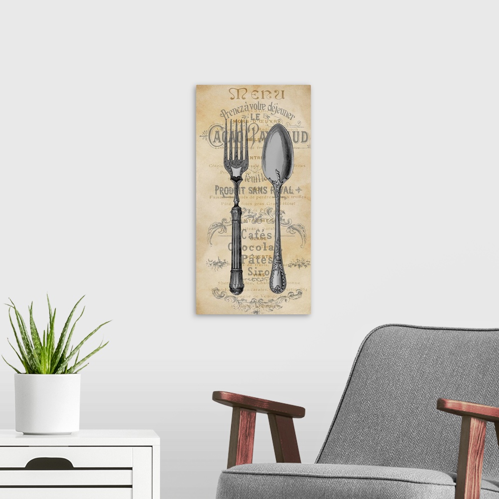 A modern room featuring Kitchen decor with an illustration of a spoon and fork in the foreground and text in the background.