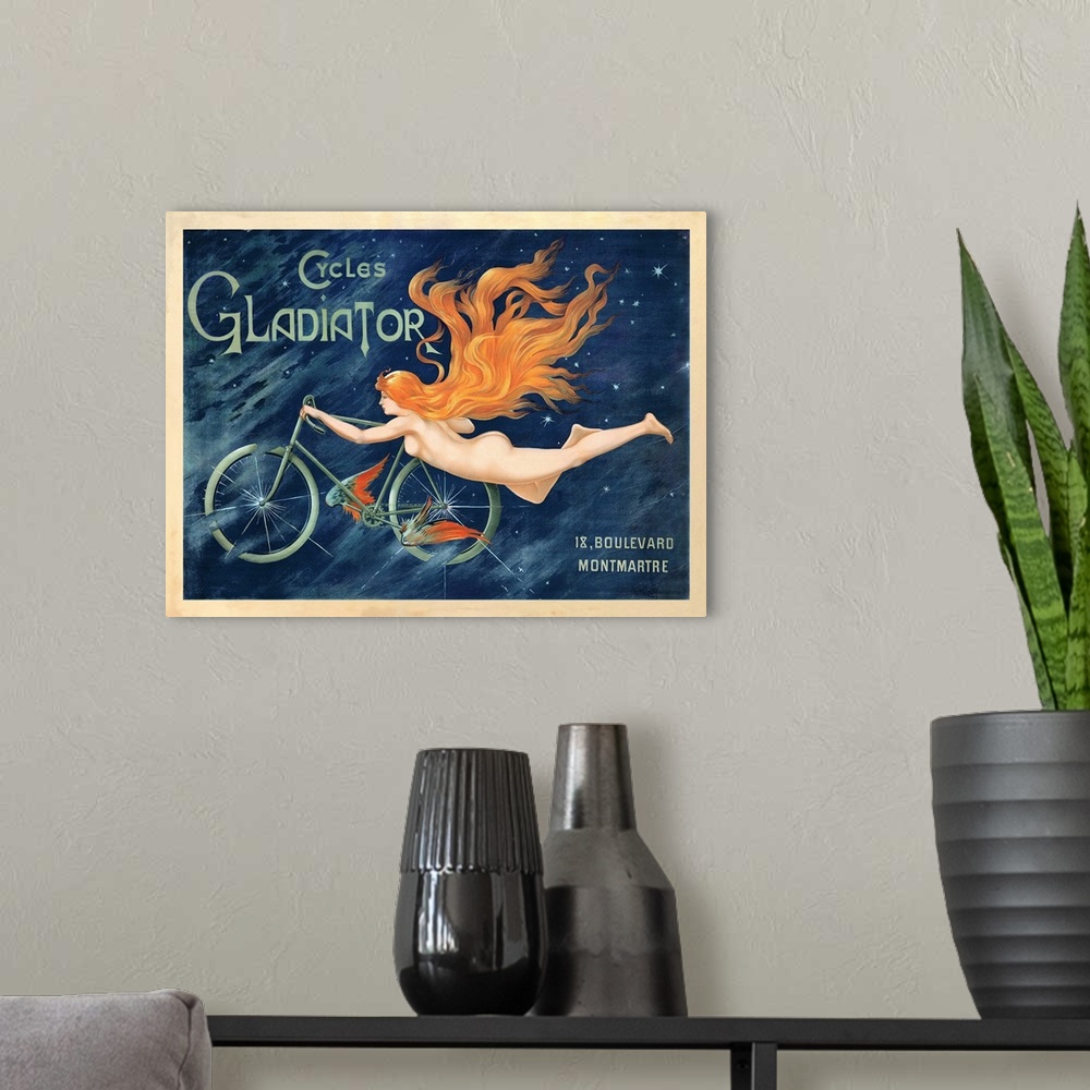 A modern room featuring Vintage wall art advertisement for Cycles Gladiator of a nude woman with long flowing hair, holdi...