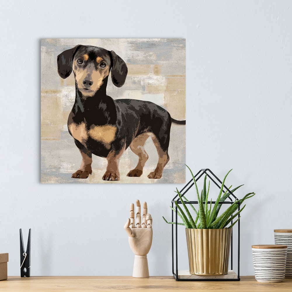 A bohemian room featuring Square decor with a portrait of a Dachshund on a layered gray, blue, and tan background.