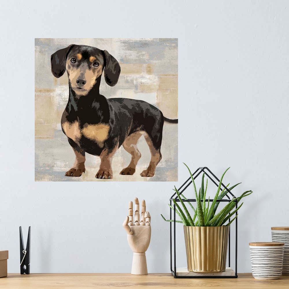 A bohemian room featuring Square decor with a portrait of a Dachshund on a layered gray, blue, and tan background.