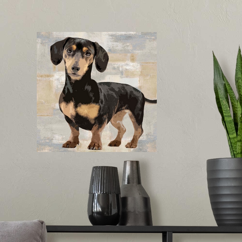 A modern room featuring Square decor with a portrait of a Dachshund on a layered gray, blue, and tan background.