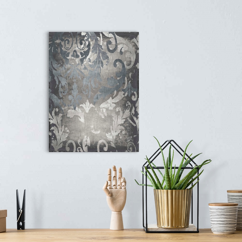 A bohemian room featuring Contemporary artwork featuring silver damask designs over a distressed background with a foil tex...