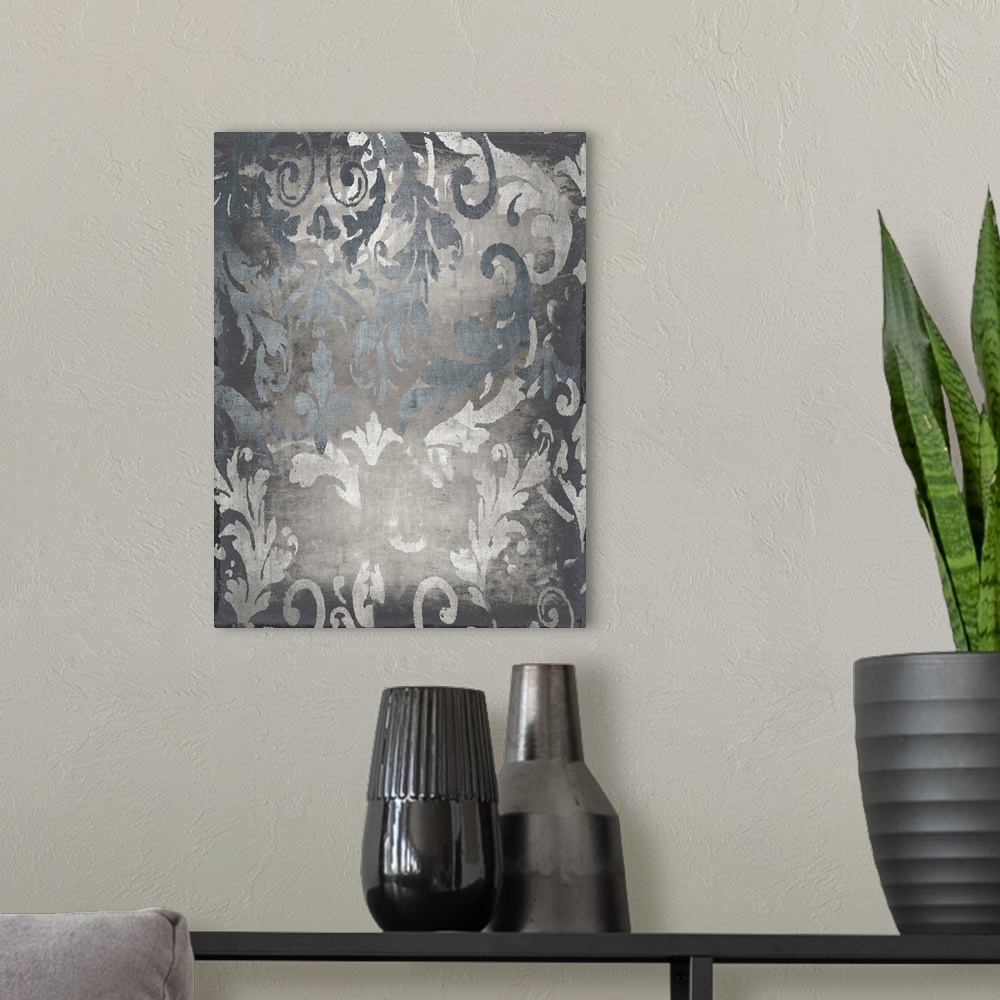 A modern room featuring Contemporary artwork featuring silver damask designs over a distressed background with a foil tex...