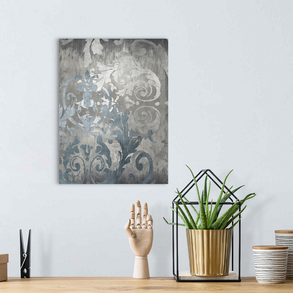 A bohemian room featuring Contemporary artwork featuring silver damask designs over a distressed background with a foil tex...
